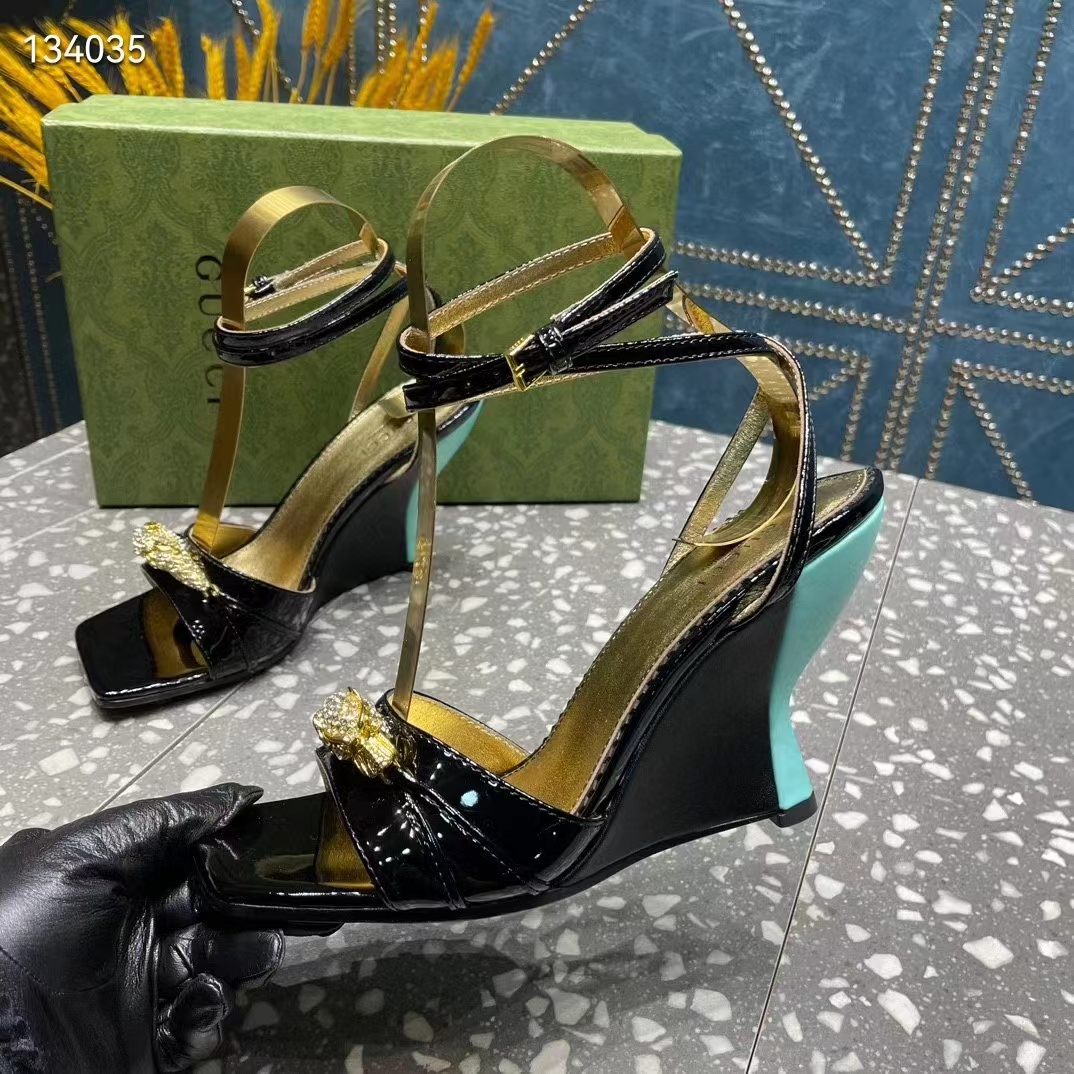 G*u*i women gg high-heel sandal hardware black patent leather square toe geometric-shaped heel