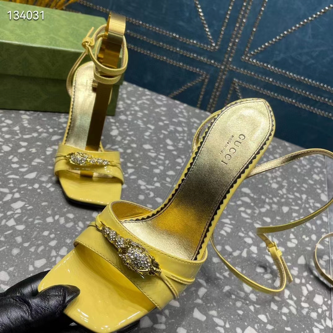 G*u*i women gg high-heel sandal hardware yellow patent leather square toe geometric-shaped heel