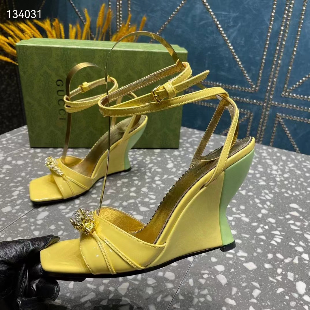 G*u*i women gg high-heel sandal hardware yellow patent leather square toe geometric-shaped heel
