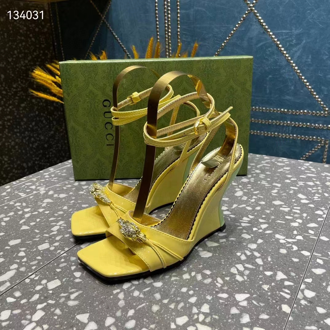 G*u*i women gg high-heel sandal hardware yellow patent leather square toe geometric-shaped heel