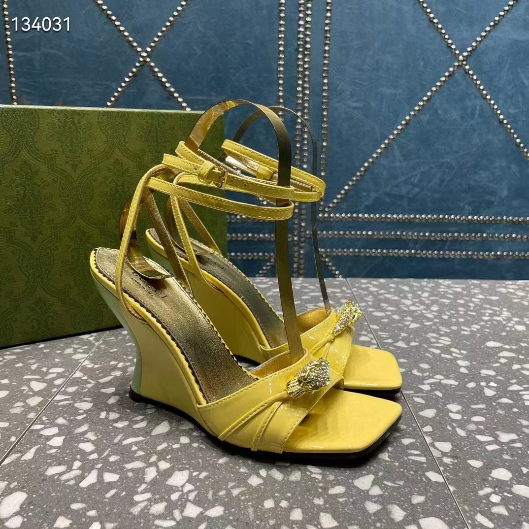 G*u*i women gg high-heel sandal hardware yellow patent leather square toe geometric-shaped heel