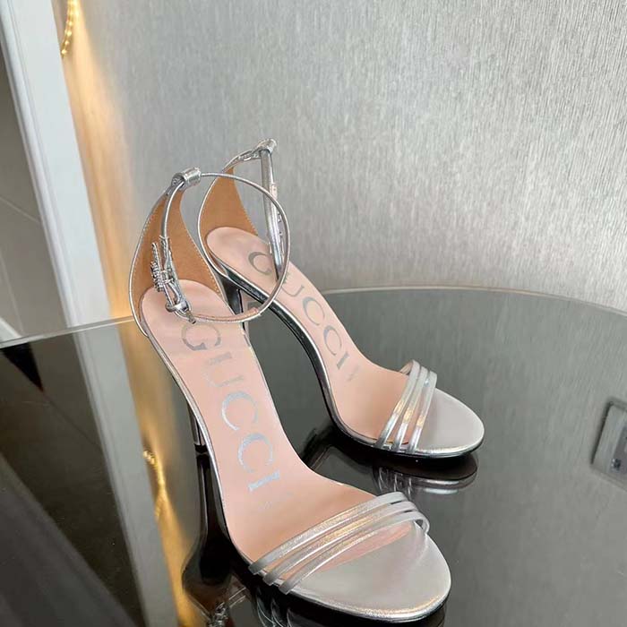 G*u*i women gg high heeled metallic sandal silver leather ankle strap metal double g buckle crystals