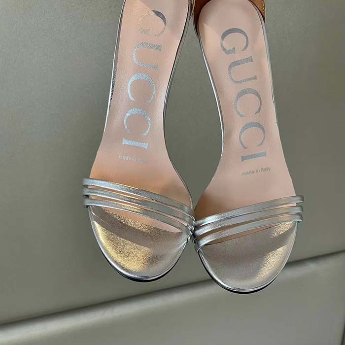 G*u*i women gg high heeled metallic sandal silver leather ankle strap metal double g buckle crystals