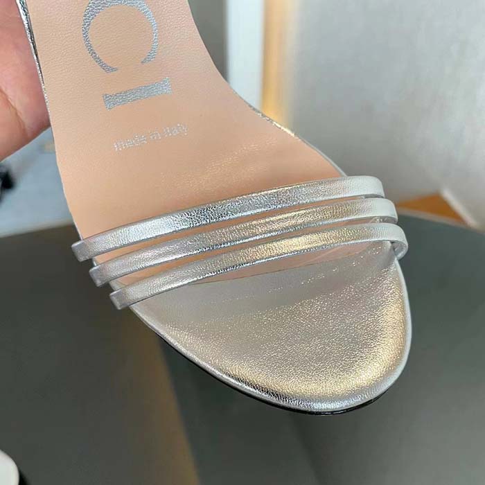 G*u*i women gg high heeled metallic sandal silver leather ankle strap metal double g buckle crystals