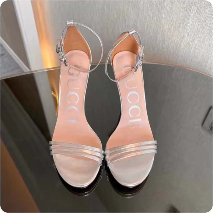 G*u*i women gg high heeled metallic sandal silver leather ankle strap metal double g buckle crystals