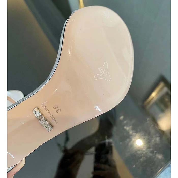G*u*i women gg high heeled metallic sandal silver leather ankle strap metal double g buckle crystals
