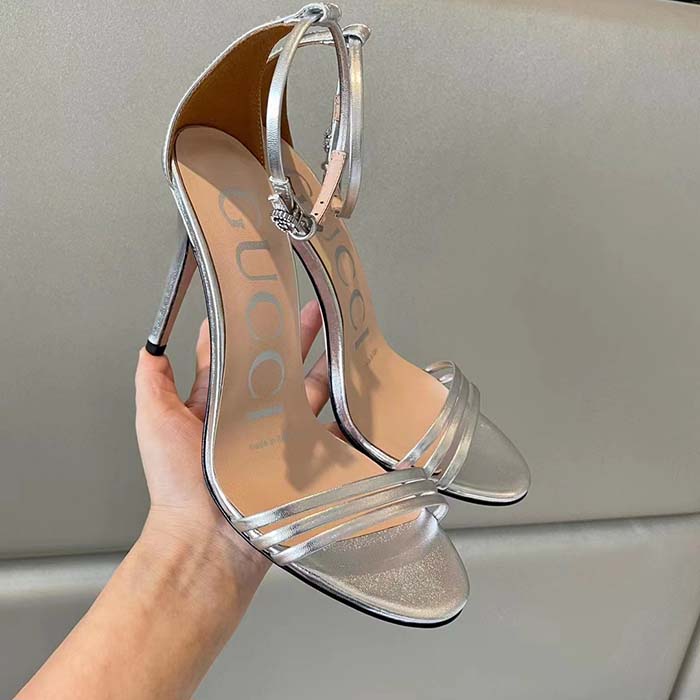 G*u*i women gg high heeled metallic sandal silver leather ankle strap metal double g buckle crystals