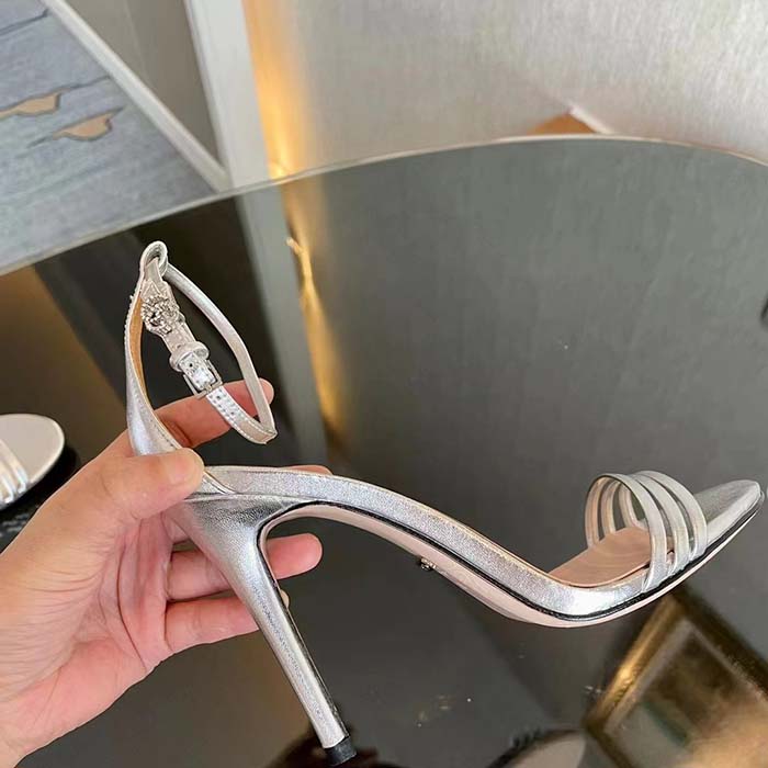 G*u*i women gg high heeled metallic sandal silver leather ankle strap metal double g buckle crystals