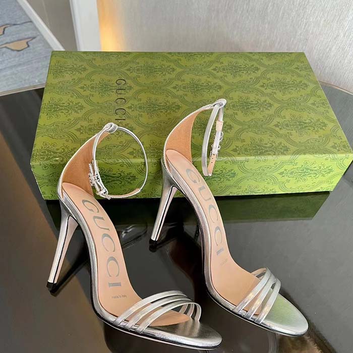 G*u*i women gg high heeled metallic sandal silver leather ankle strap metal double g buckle crystals