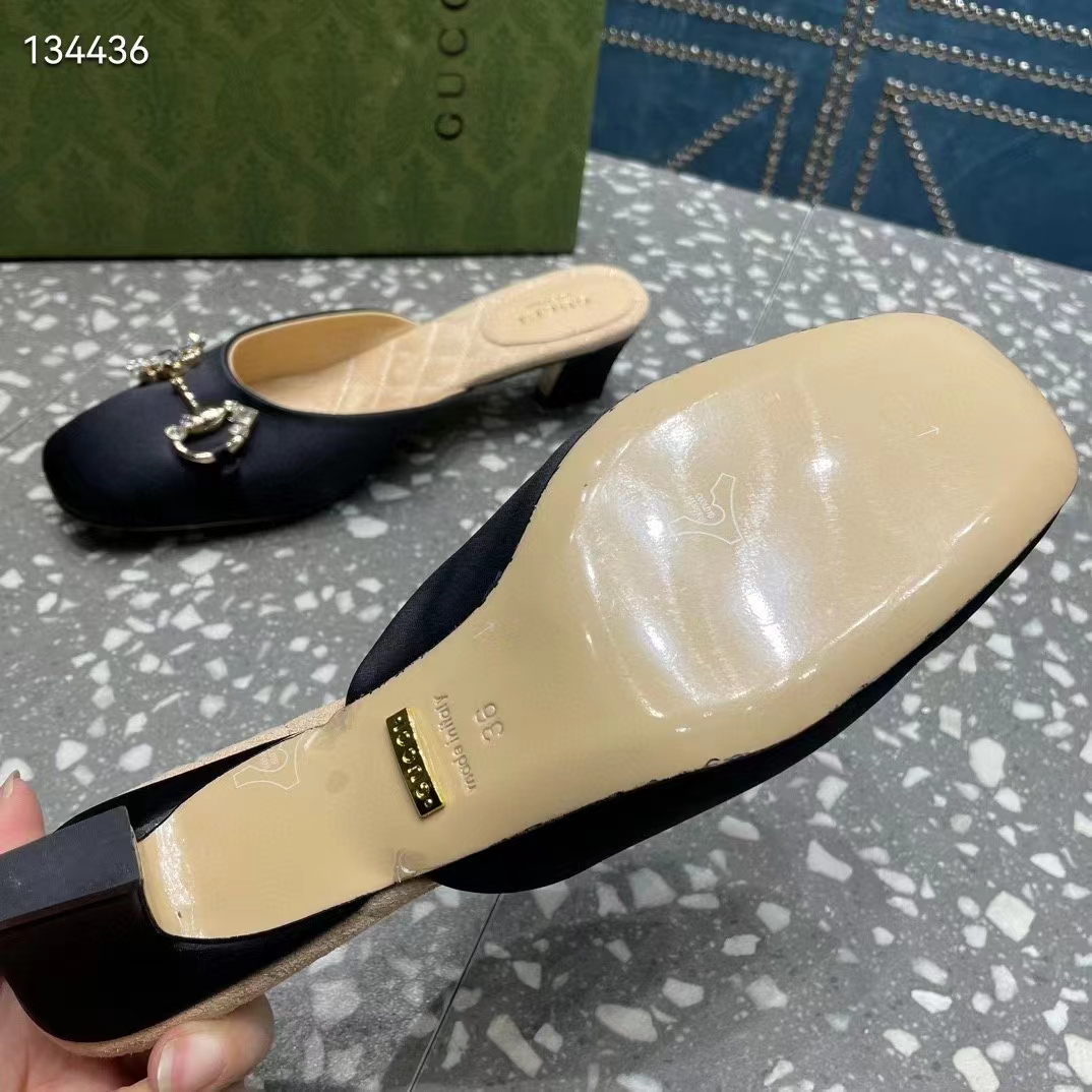 G*u*i women gg horsebit mule black satin crystals leather sole low 4.3 cm heel