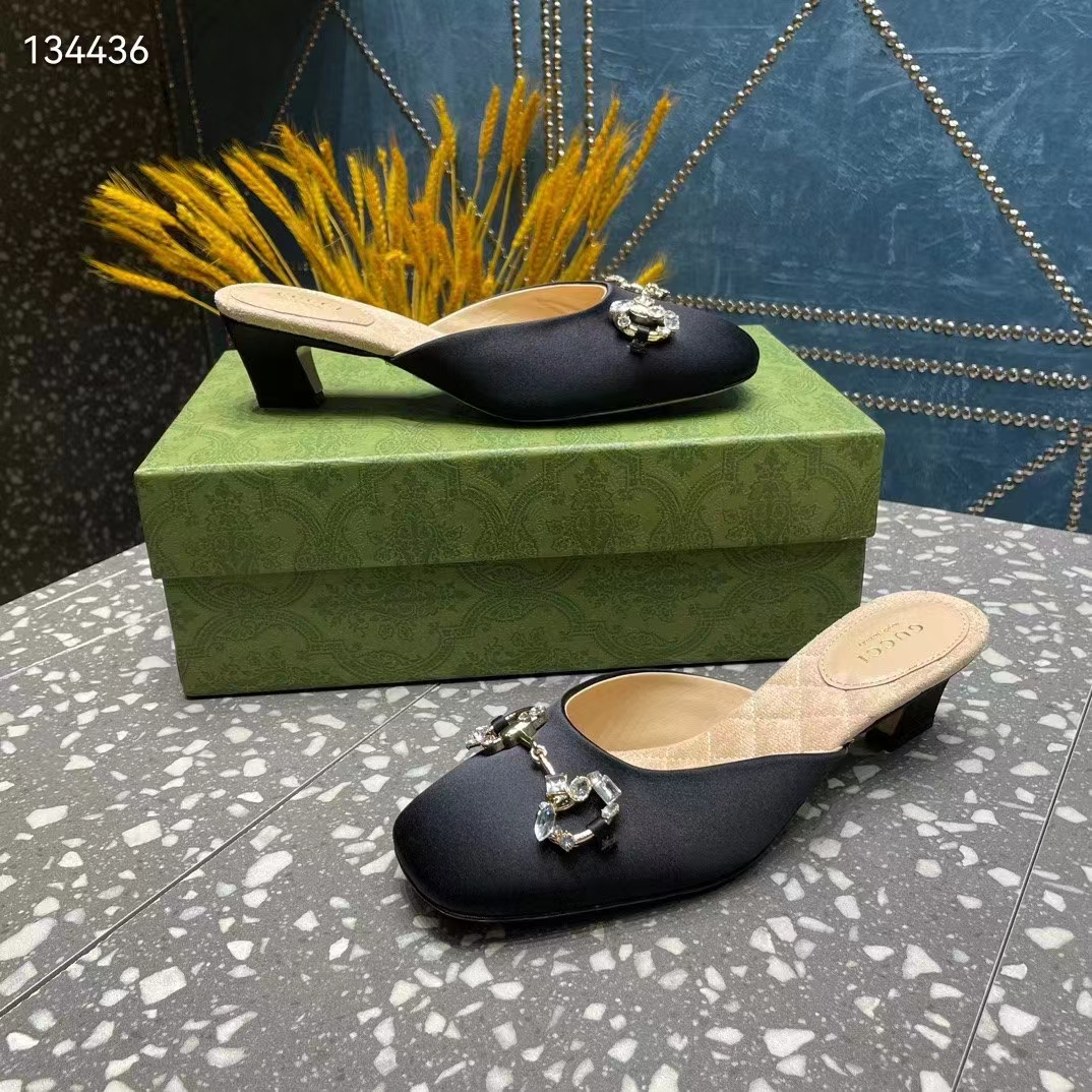 G*u*i women gg horsebit mule black satin crystals leather sole low 4.3 cm heel