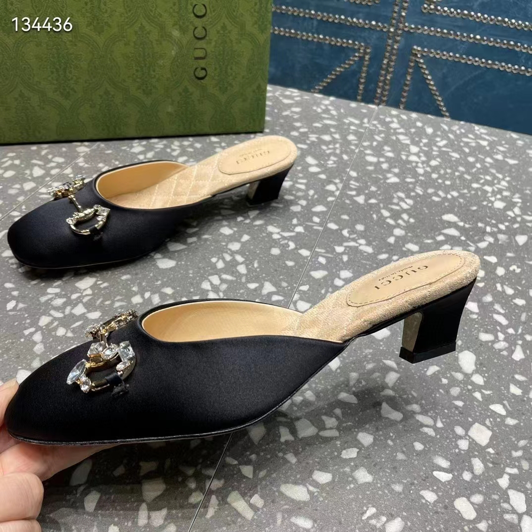 G*u*i women gg horsebit mule black satin crystals leather sole low 4.3 cm heel