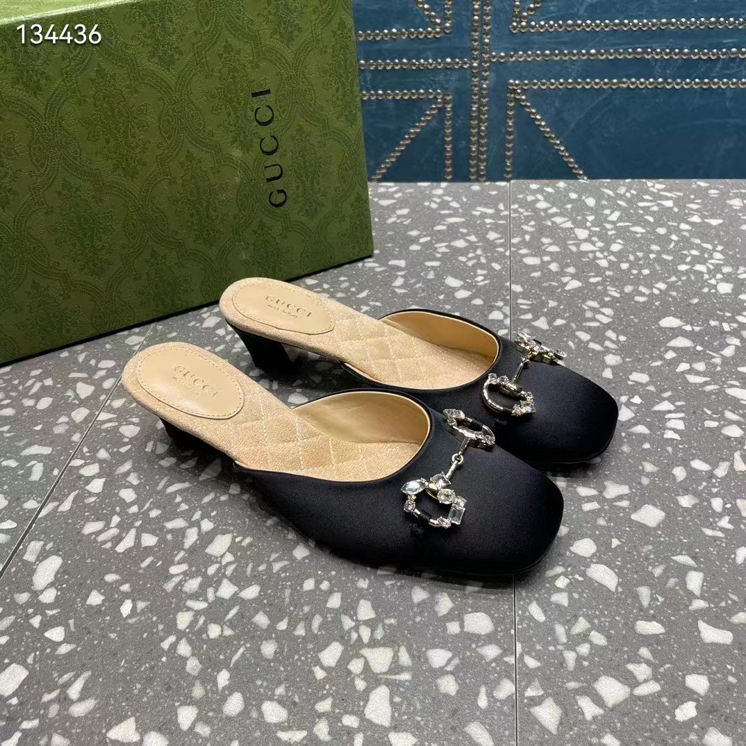 G*u*i women gg horsebit mule black satin crystals leather sole low 4.3 cm heel
