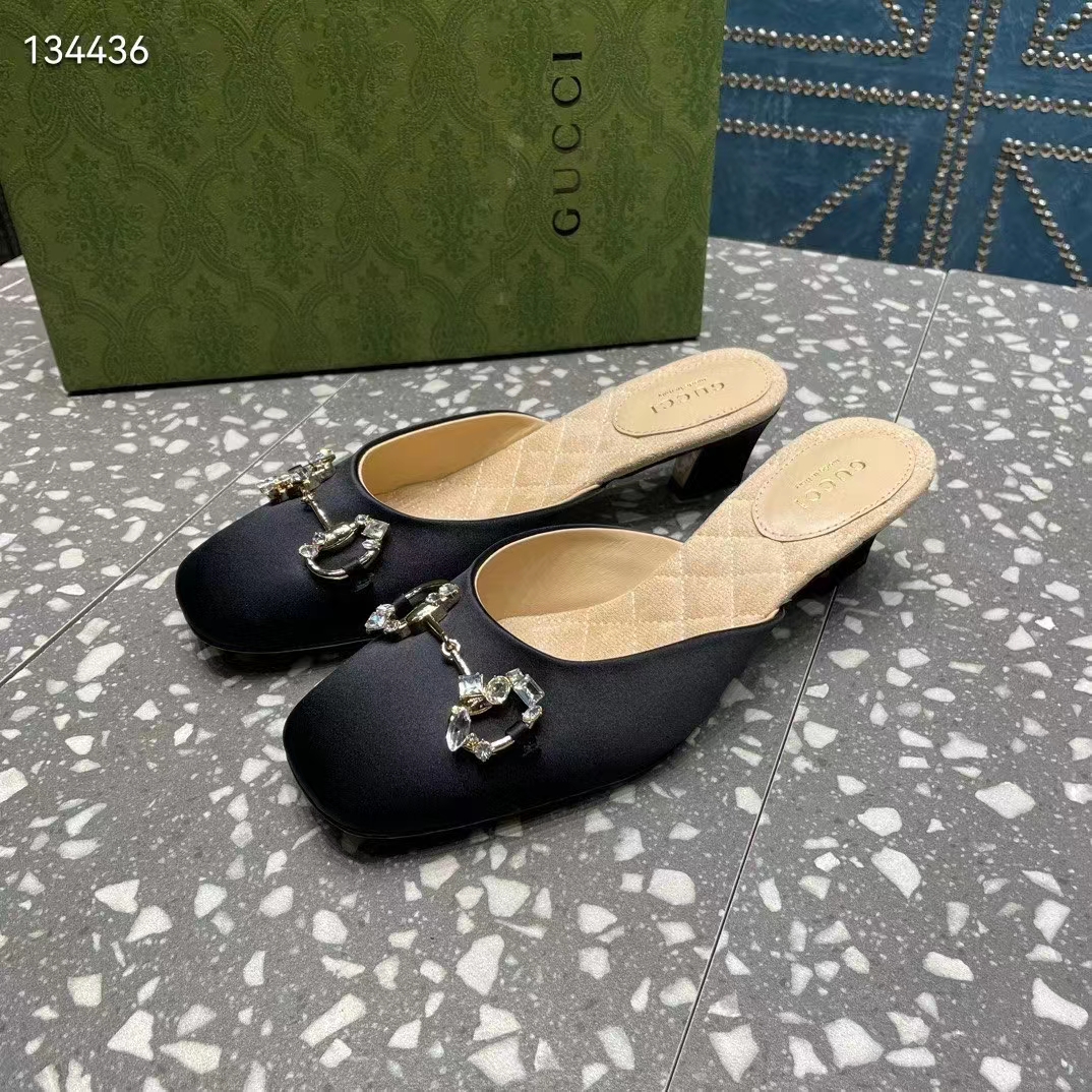 G*u*i women gg horsebit mule black satin crystals leather sole low 4.3 cm heel