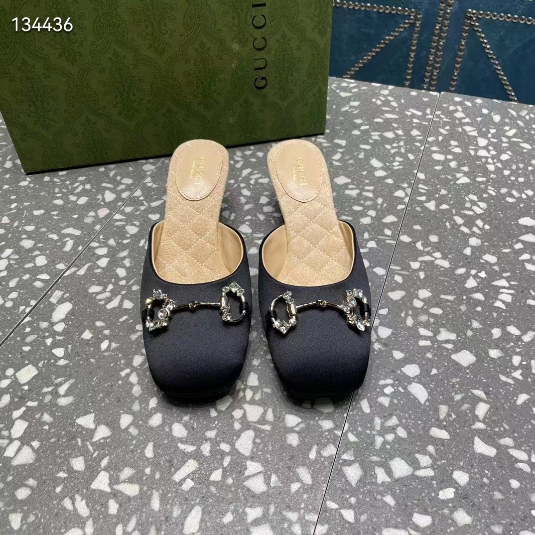 G*u*i women gg horsebit mule black satin crystals leather sole low 4.3 cm heel
