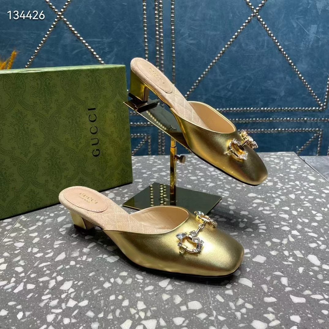 G*u*i women gg horsebit mule gold metallic leather crystals leather sole low-heel