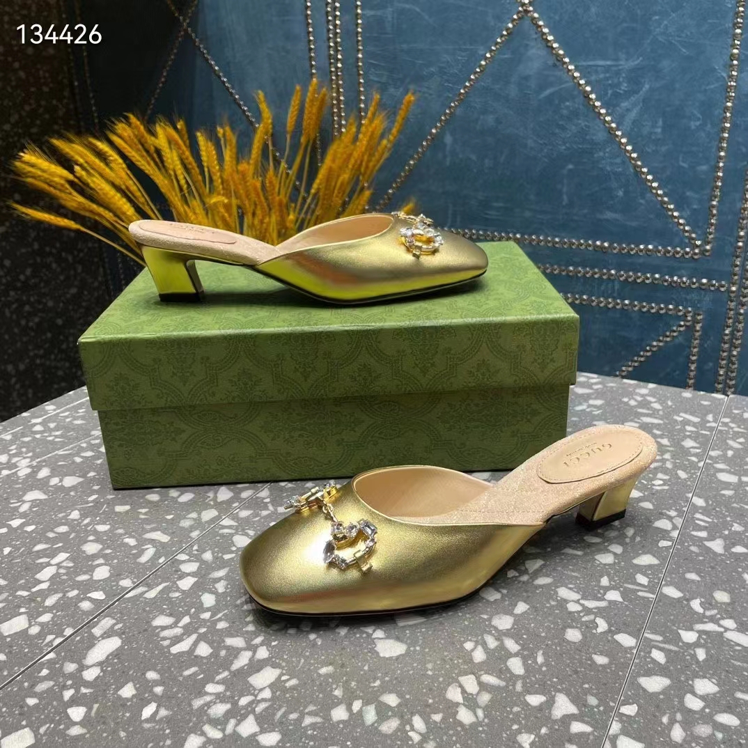 G*u*i women gg horsebit mule gold metallic leather crystals leather sole low-heel