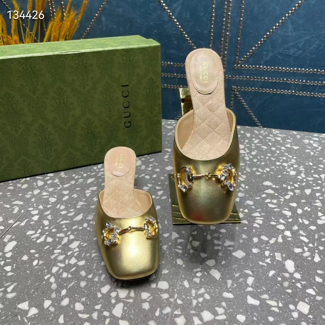 G*u*i women gg horsebit mule gold metallic leather crystals leather sole low-heel