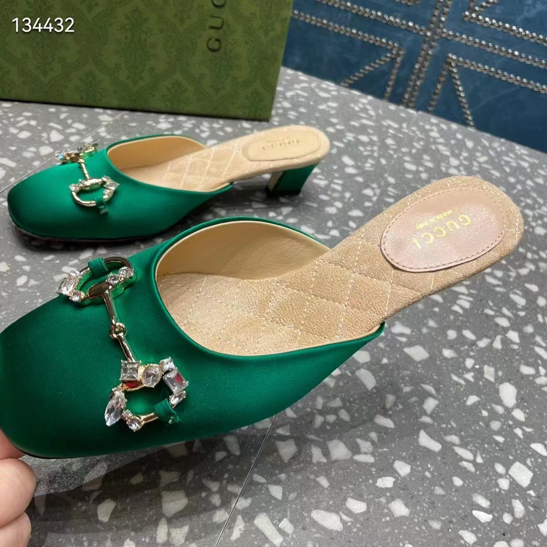 G*u*i women gg horsebit mule green satin crystals leather sole low 4.3 cm heel