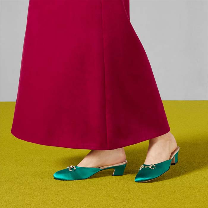 G*u*i women gg horsebit mule green satin crystals leather sole low 4.3 cm heel