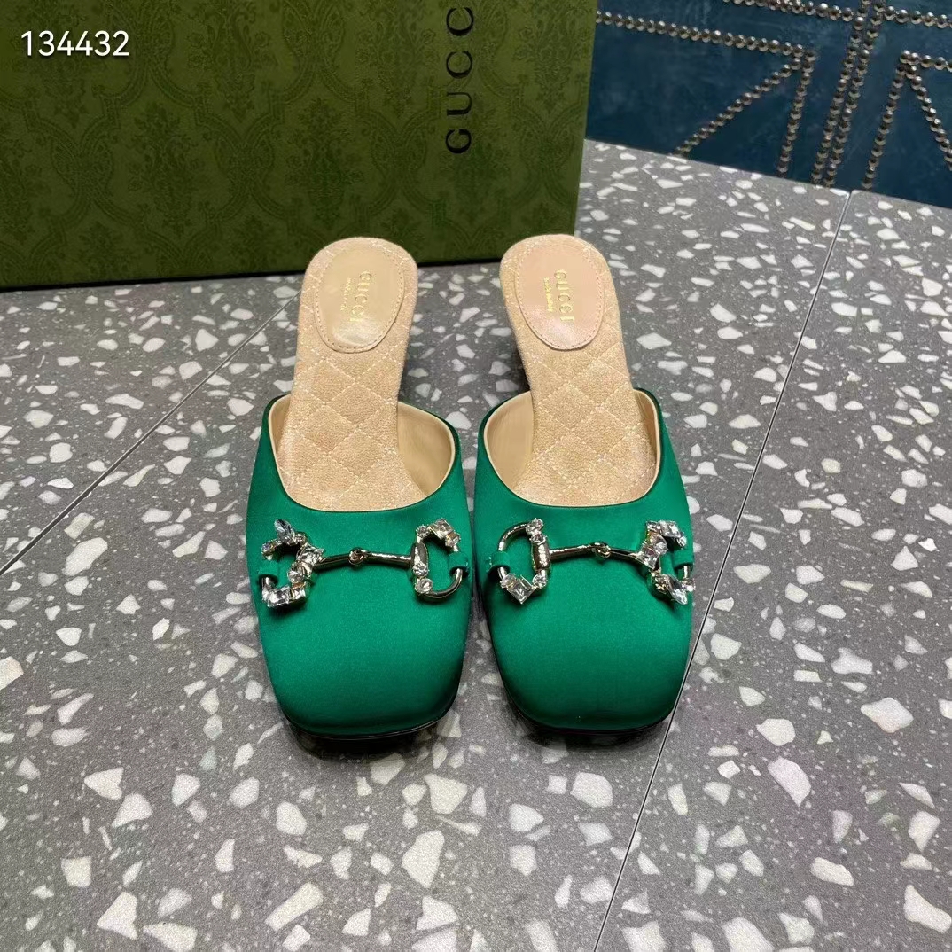 G*u*i women gg horsebit mule green satin crystals leather sole low 4.3 cm heel