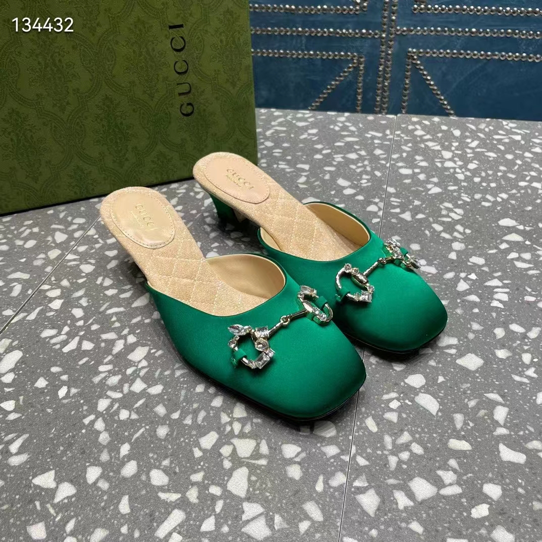 G*u*i women gg horsebit mule green satin crystals leather sole low 4.3 cm heel
