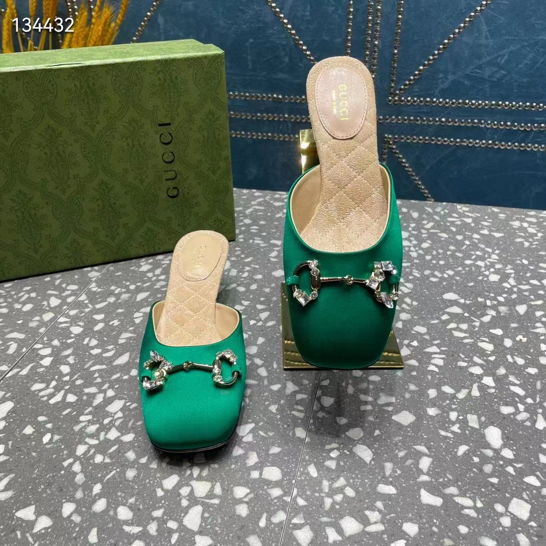 G*u*i women gg horsebit mule green satin crystals leather sole low 4.3 cm heel