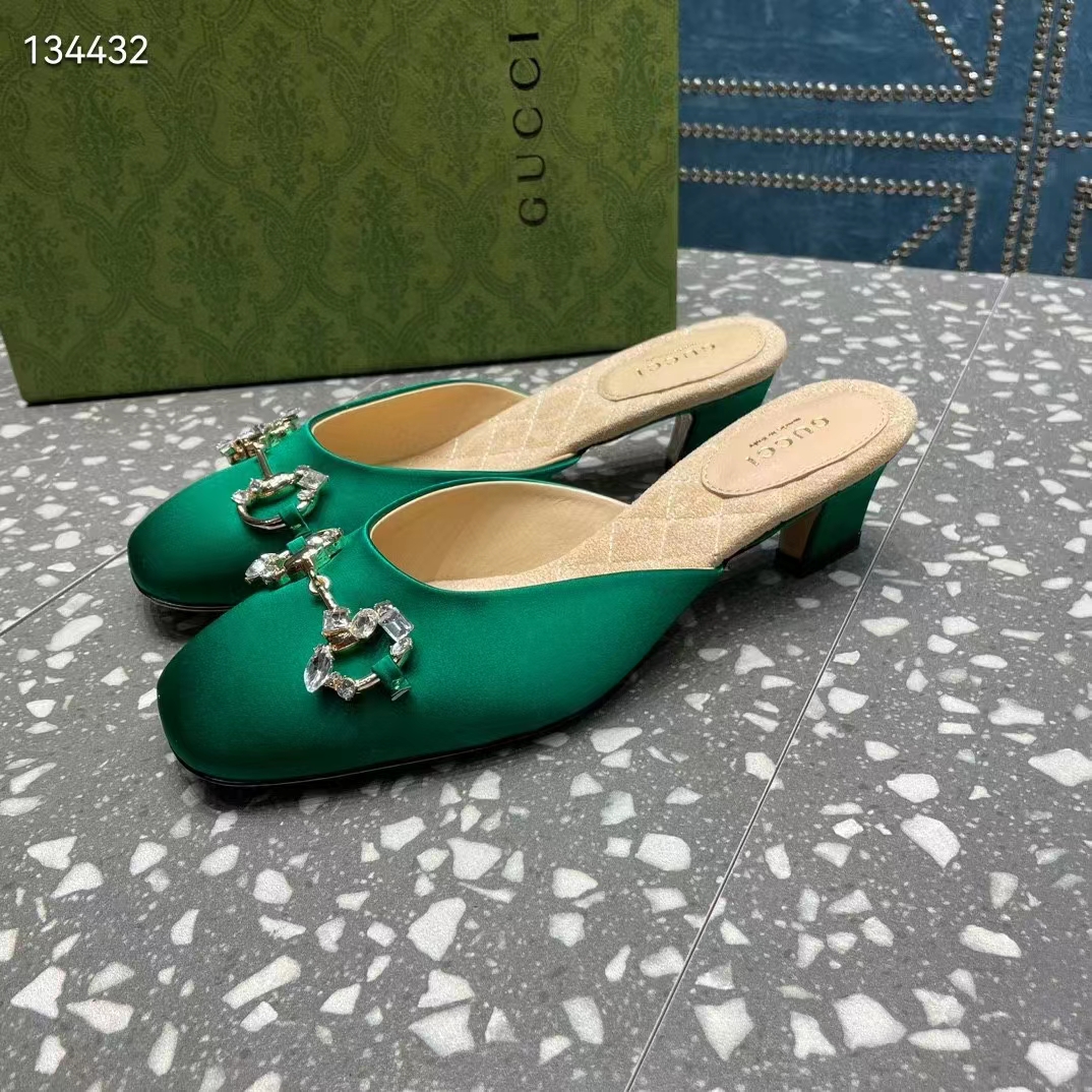 G*u*i women gg horsebit mule green satin crystals leather sole low 4.3 cm heel