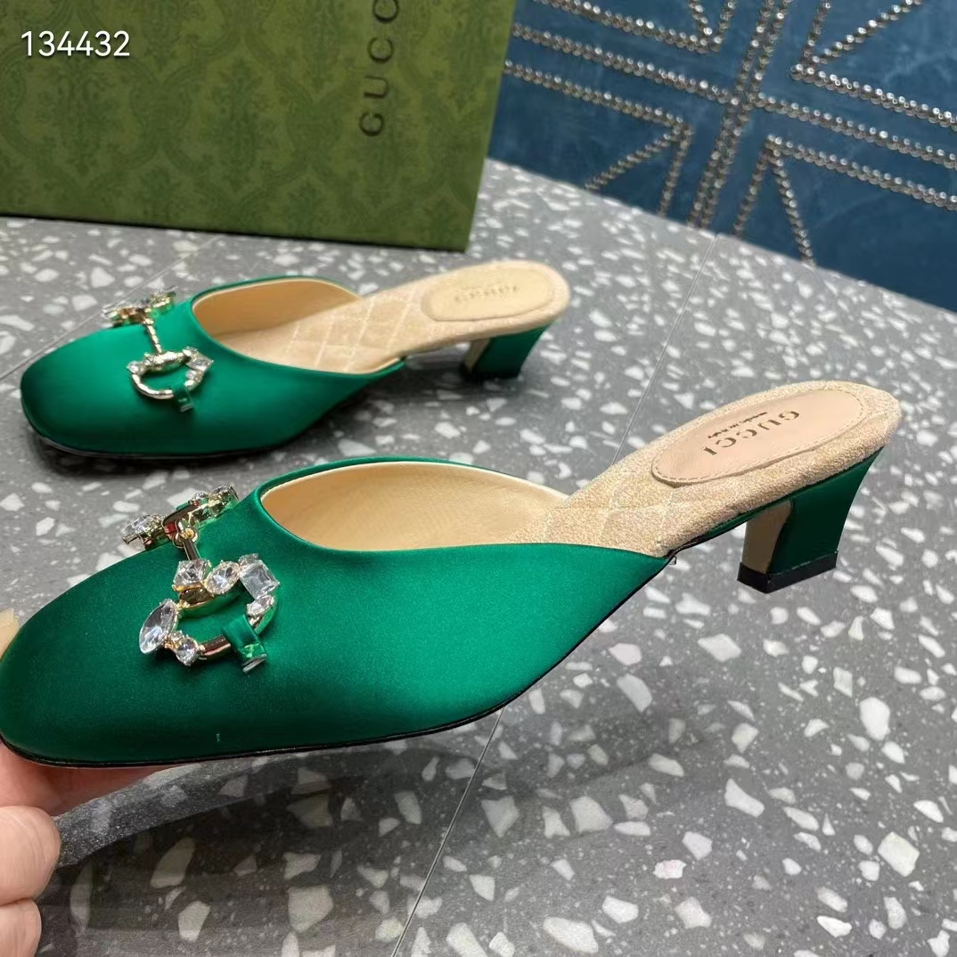 G*u*i women gg horsebit mule green satin crystals leather sole low 4.3 cm heel
