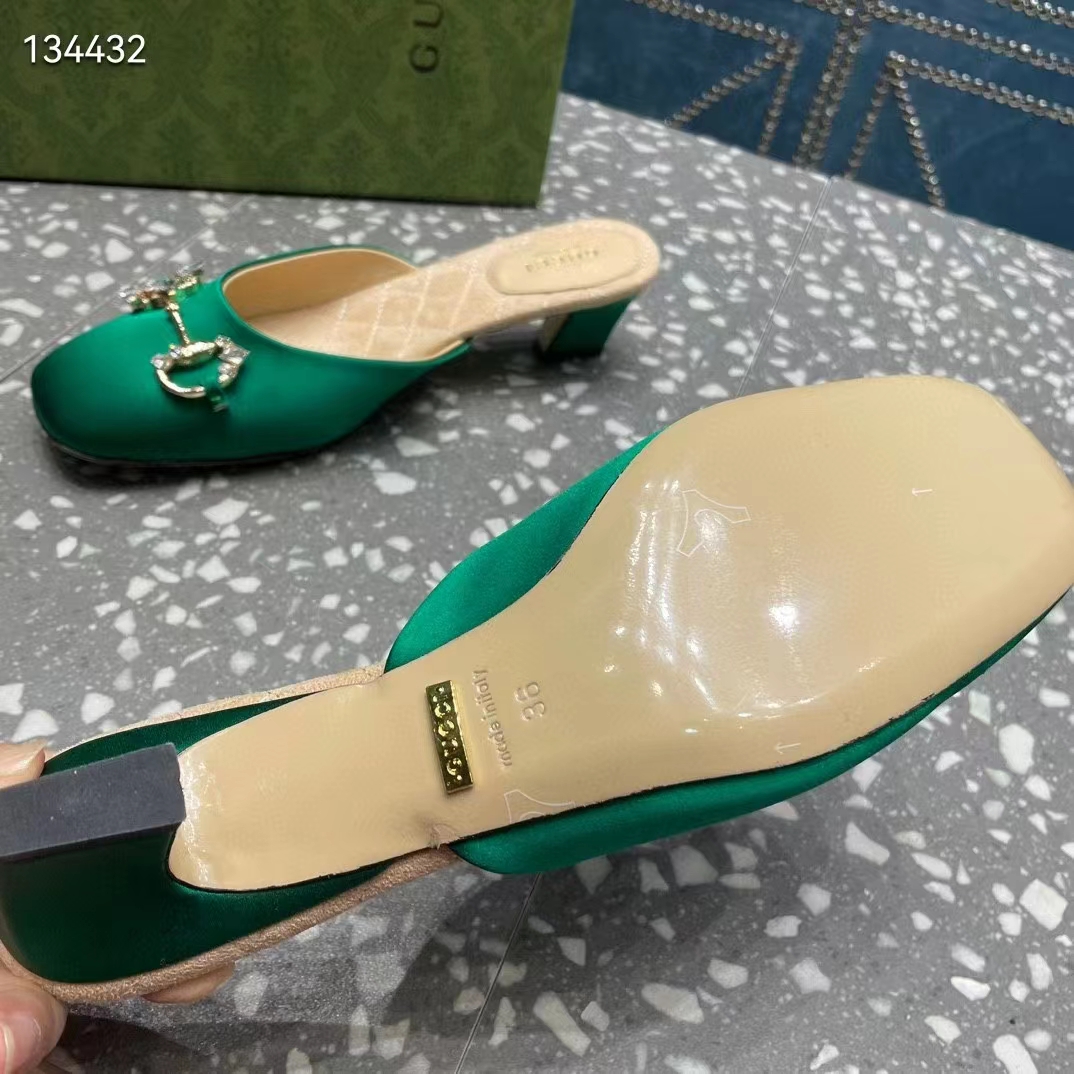 G*u*i women gg horsebit mule green satin crystals leather sole low 4.3 cm heel