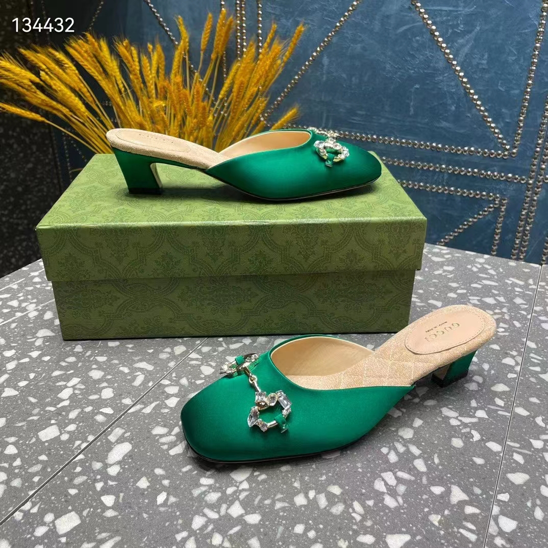 G*u*i women gg horsebit mule green satin crystals leather sole low 4.3 cm heel