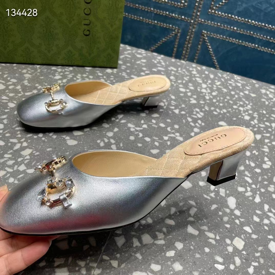 G*u*i women gg horsebit mule silver metallic leather crystals leather sole low-heel