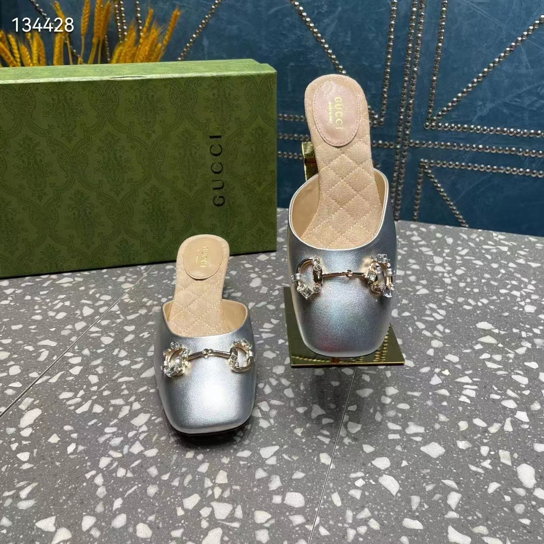 G*u*i women gg horsebit mule silver metallic leather crystals leather sole low-heel