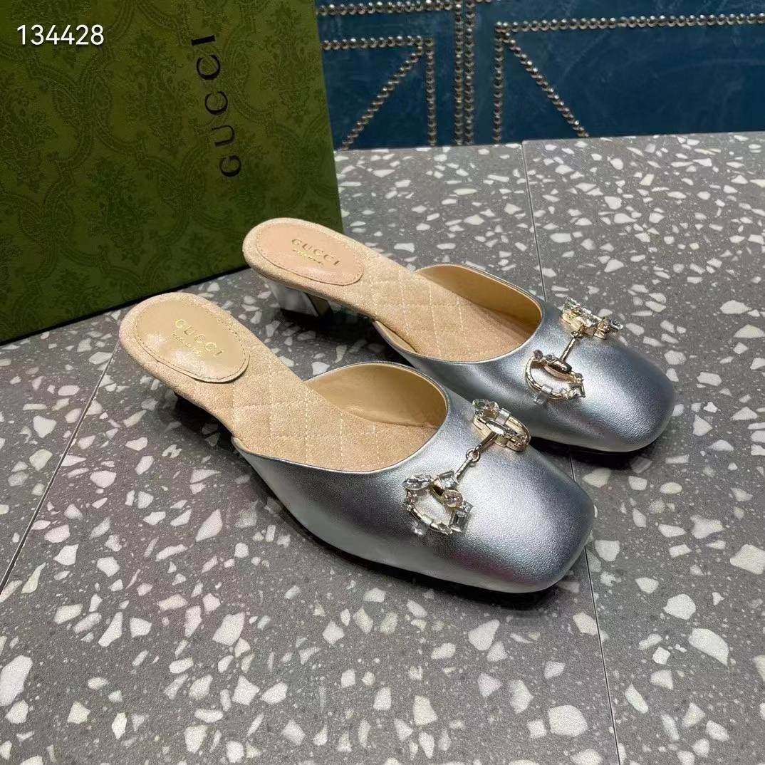 G*u*i women gg horsebit mule silver metallic leather crystals leather sole low-heel