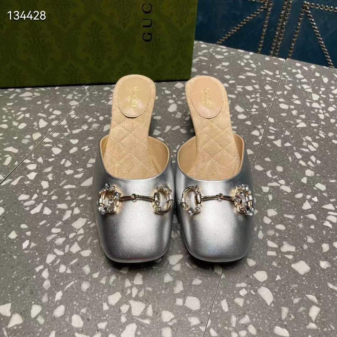 G*u*i women gg horsebit mule silver metallic leather crystals leather sole low-heel