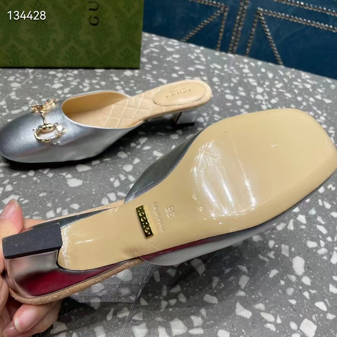 G*u*i women gg horsebit mule silver metallic leather crystals leather sole low-heel