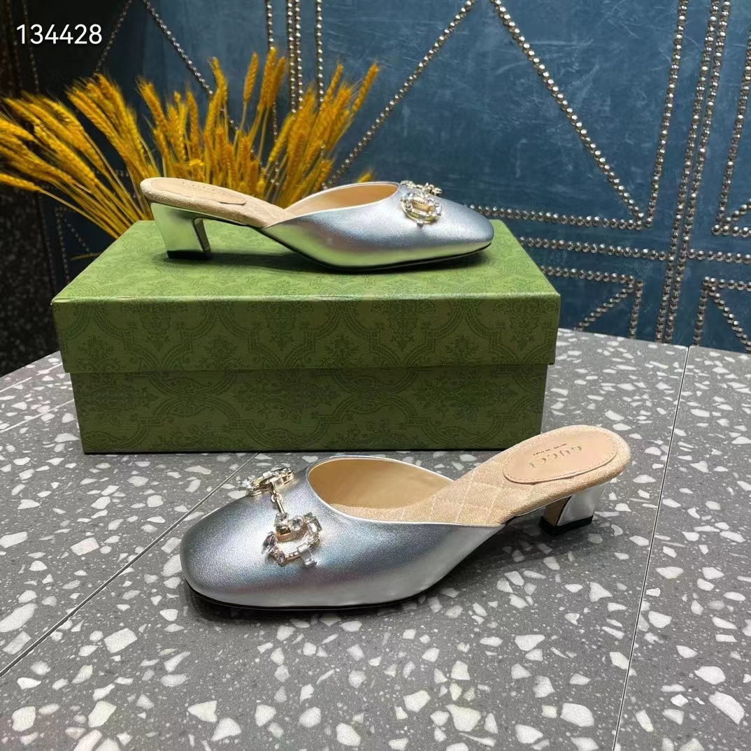 G*u*i women gg horsebit mule silver metallic leather crystals leather sole low-heel