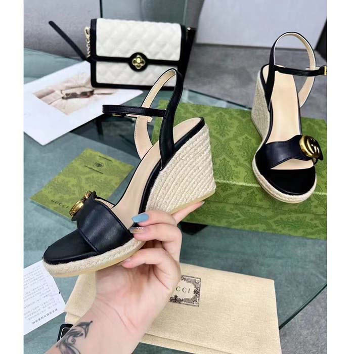 G*u*i women gg leather platform espadrille sandal black leather double g high-heel