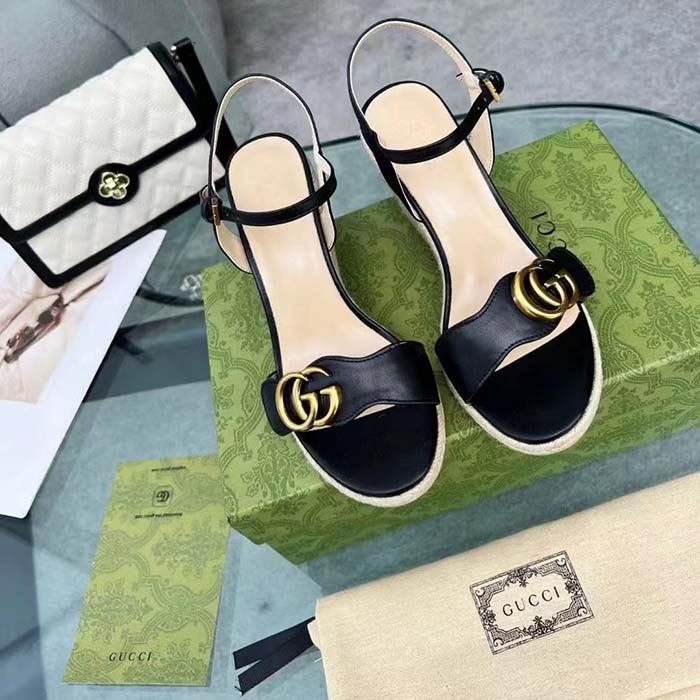 G*u*i women gg leather platform espadrille sandal black leather double g high-heel