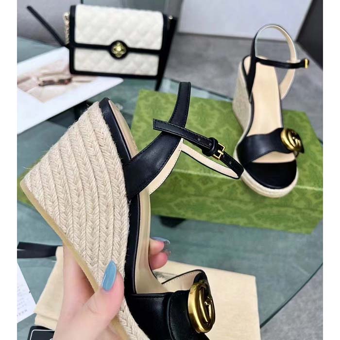 G*u*i women gg leather platform espadrille sandal black leather double g high-heel