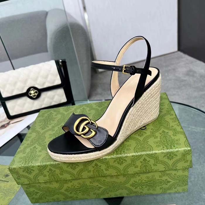 G*u*i women gg leather platform espadrille sandal black leather double g high-heel