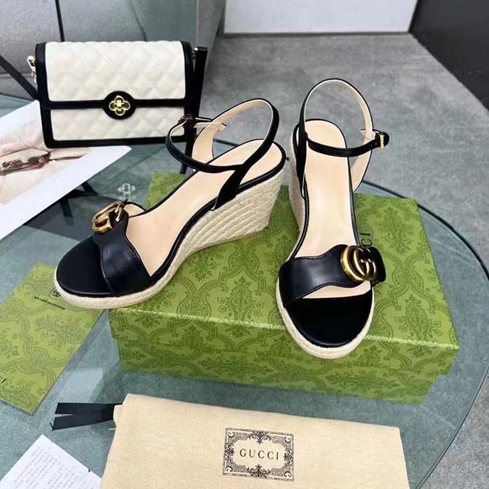G*u*i women gg leather platform espadrille sandal black leather double g high-heel