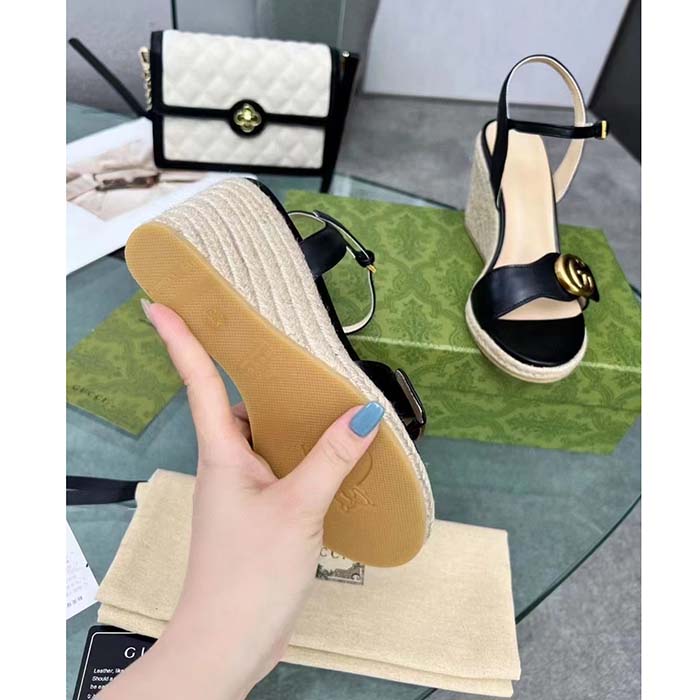 G*u*i women gg leather platform espadrille sandal black leather double g high-heel