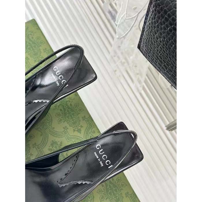 G*u*i women gg slingback pump black leather interlocking g square upper mid-heel