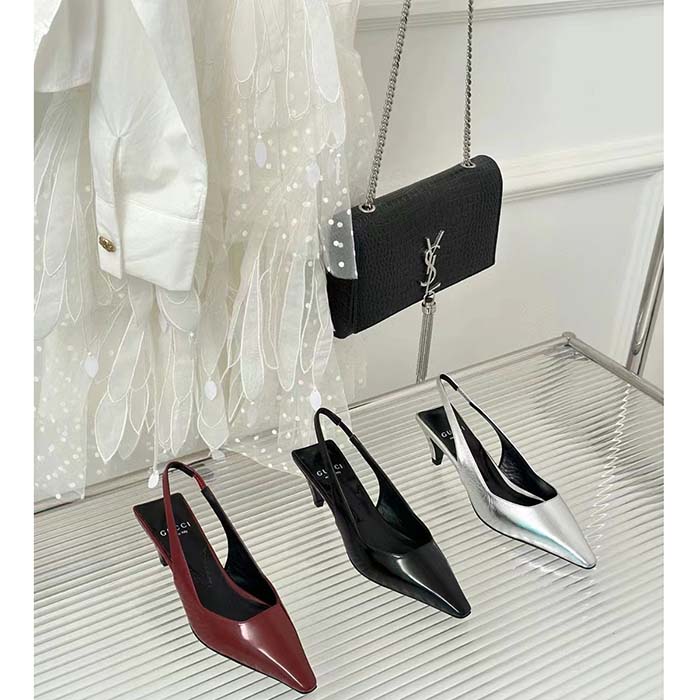 G*u*i women gg slingback pump black leather interlocking g square upper mid-heel