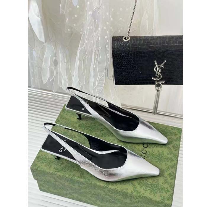 G*u*i women gg slingback pump metallic silver leather interlocking g square upper mid-heel
