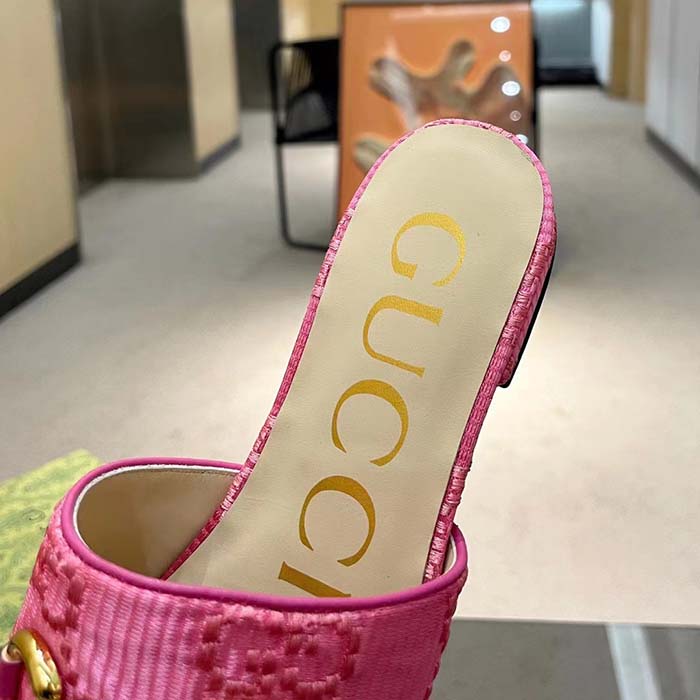 G*u*i women horsebit slide sandal fuchsia gg raffia leather sole flat