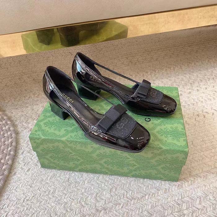 G*u*i women pump gg canvas black patent leather bow leather sole cut-out block heel