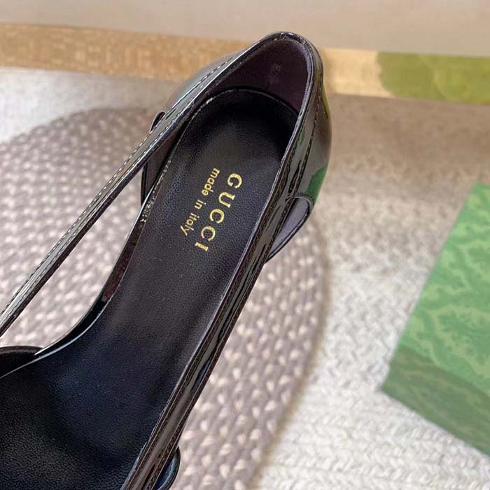 G*u*i women pump gg canvas black patent leather bow leather sole cut-out block heel