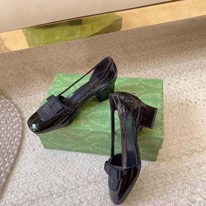 G*u*i women pump gg canvas black patent leather bow leather sole cut-out block heel